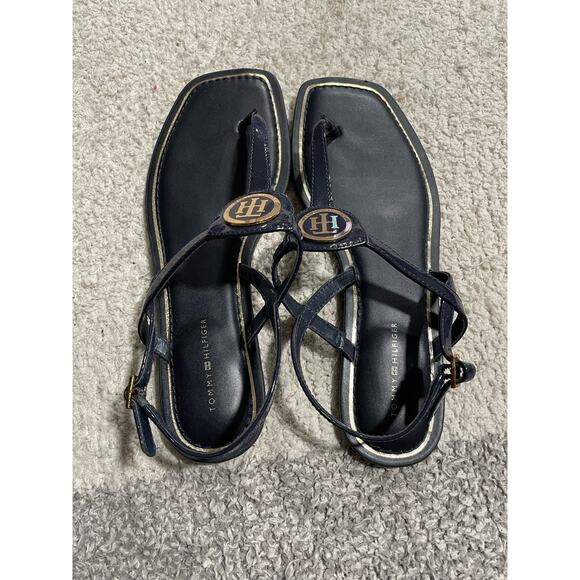 Tommy Hilfiger Womens Size 8.5 M Blue T-Strap TH Logo Sandals Thong Flats - Picture 3 of 10